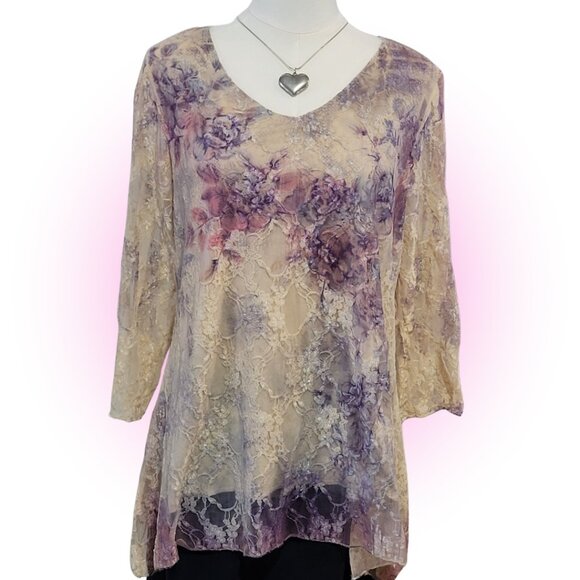 Brittany Black Tops - Y2K FAIRY COTTAGECORE PURPLE CREAM FLORAL LACE AYSM BLOUSE EUC XL